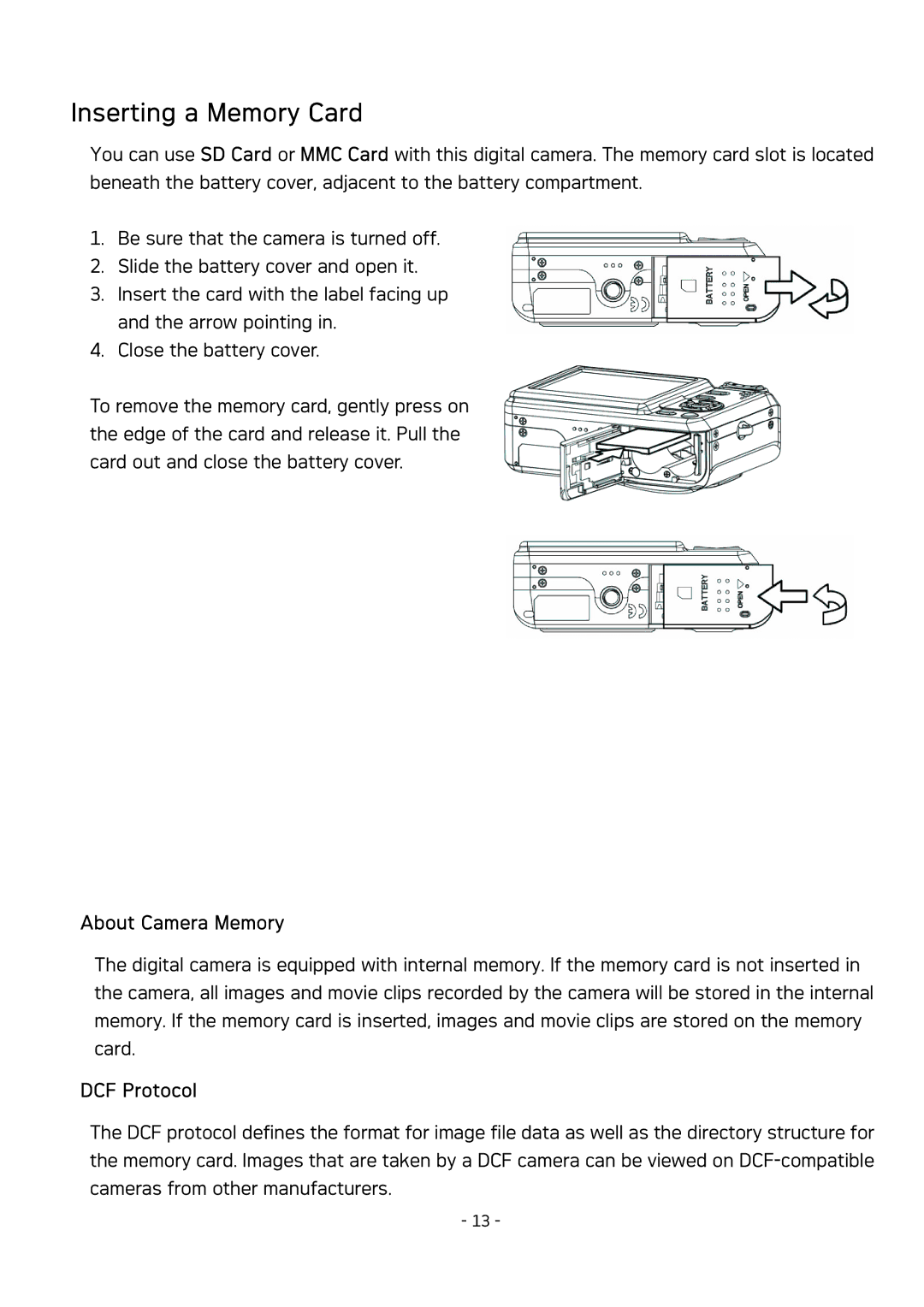 AGFA DC-533 user manual Inserting a Memory Card, About Camera Memory, DCF Protocol 