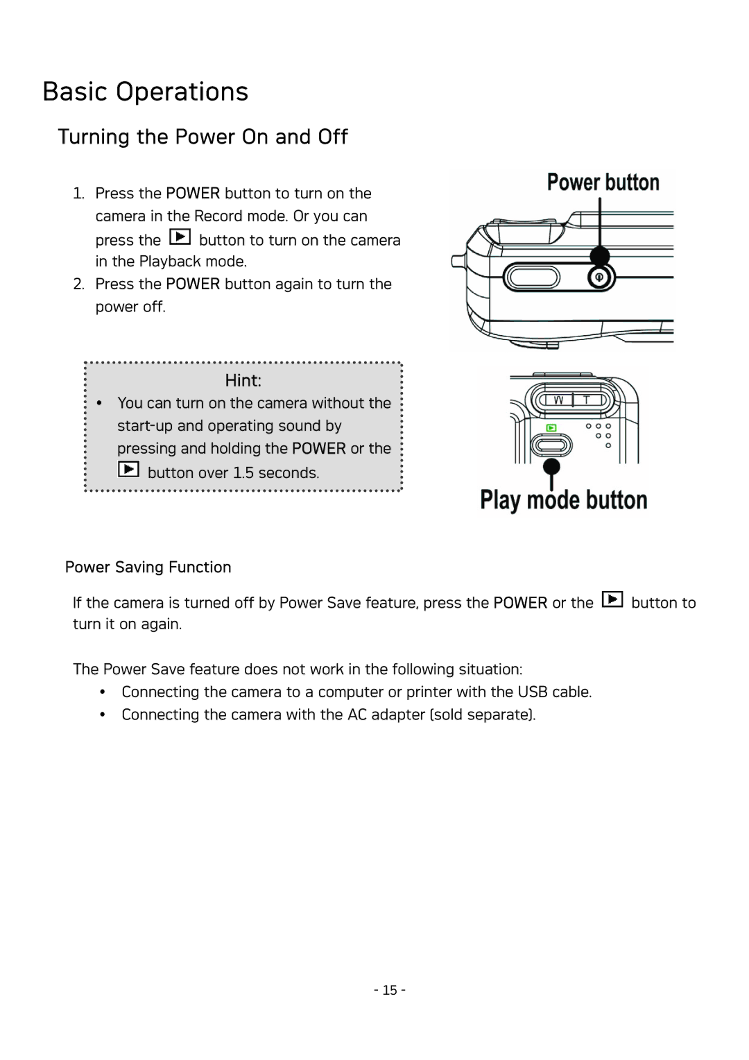 AGFA DC-533 user manual Basic Operations, Turning the Power On and Off, Power Saving Function 