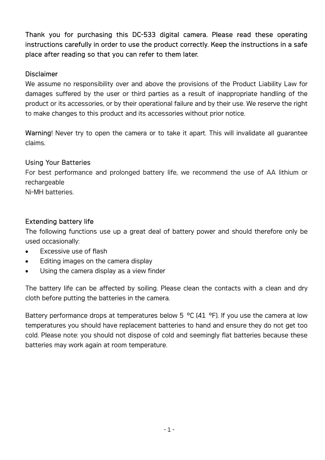 AGFA DC-533 user manual Using Your Batteries, Extending battery life 