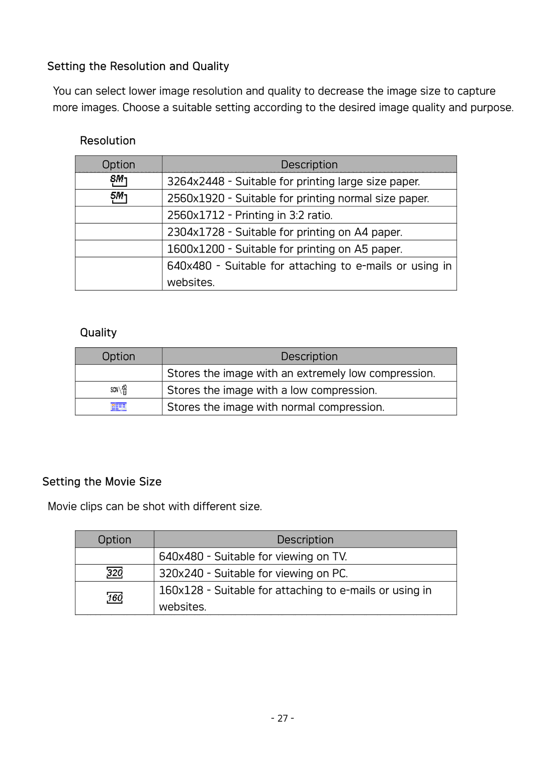 AGFA DC-533 user manual Setting the Resolution and Quality, Setting the Movie Size 