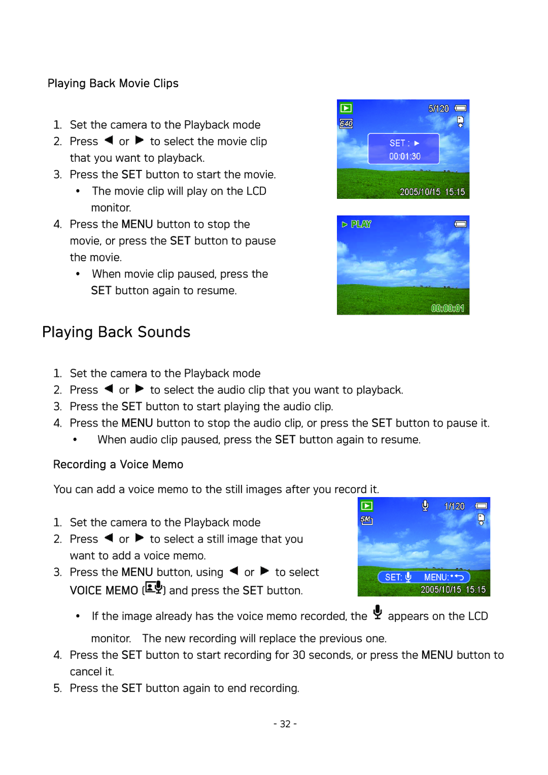 AGFA DC-533 user manual Playing Back Sounds, Playing Back Movie Clips, Recording a Voice Memo 