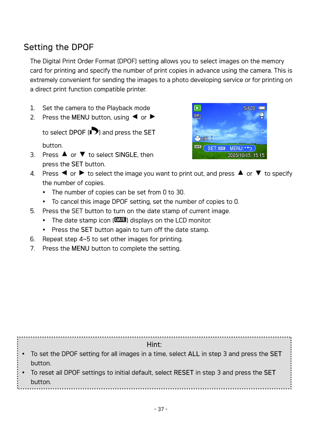 AGFA DC-533 user manual Setting the Dpof 