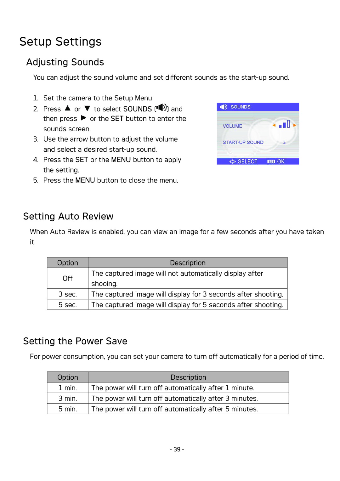 AGFA DC-533 user manual Setup Settings, Adjusting Sounds, Setting Auto Review, Setting the Power Save 