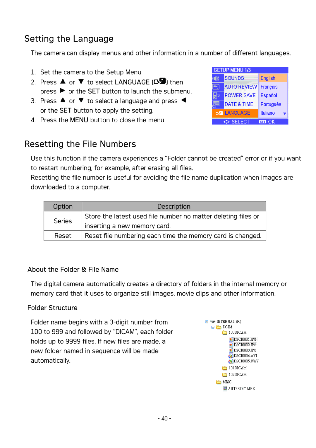 AGFA DC-533 user manual Setting the Language, Resetting the File Numbers, About the Folder & File Name, Folder Structure 