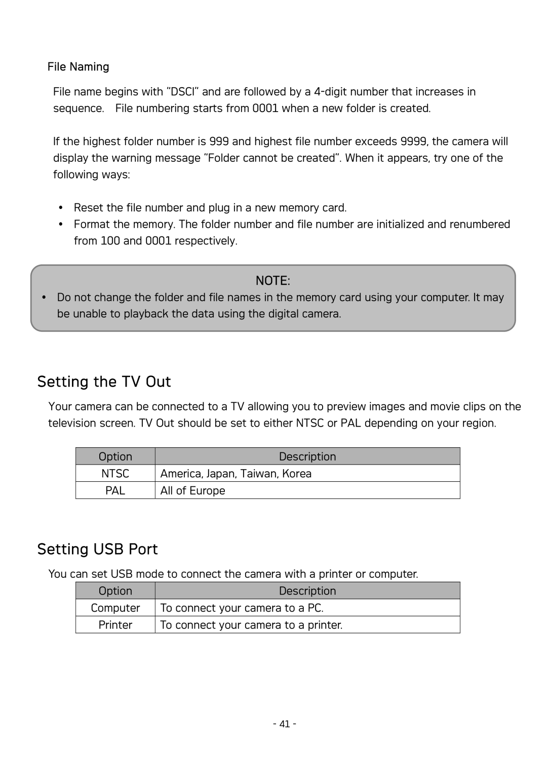 AGFA DC-533 user manual Setting the TV Out, Setting USB Port, File Naming 