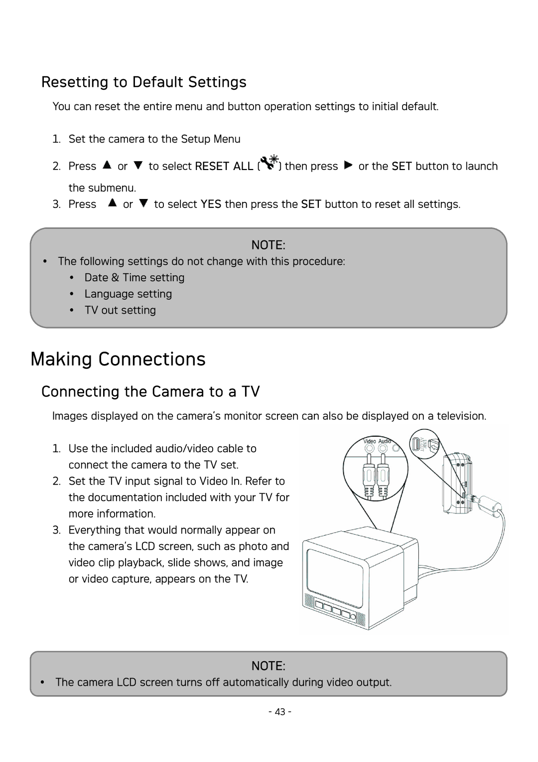 AGFA DC-533 user manual Making Connections, Resetting to Default Settings, Connecting the Camera to a TV 