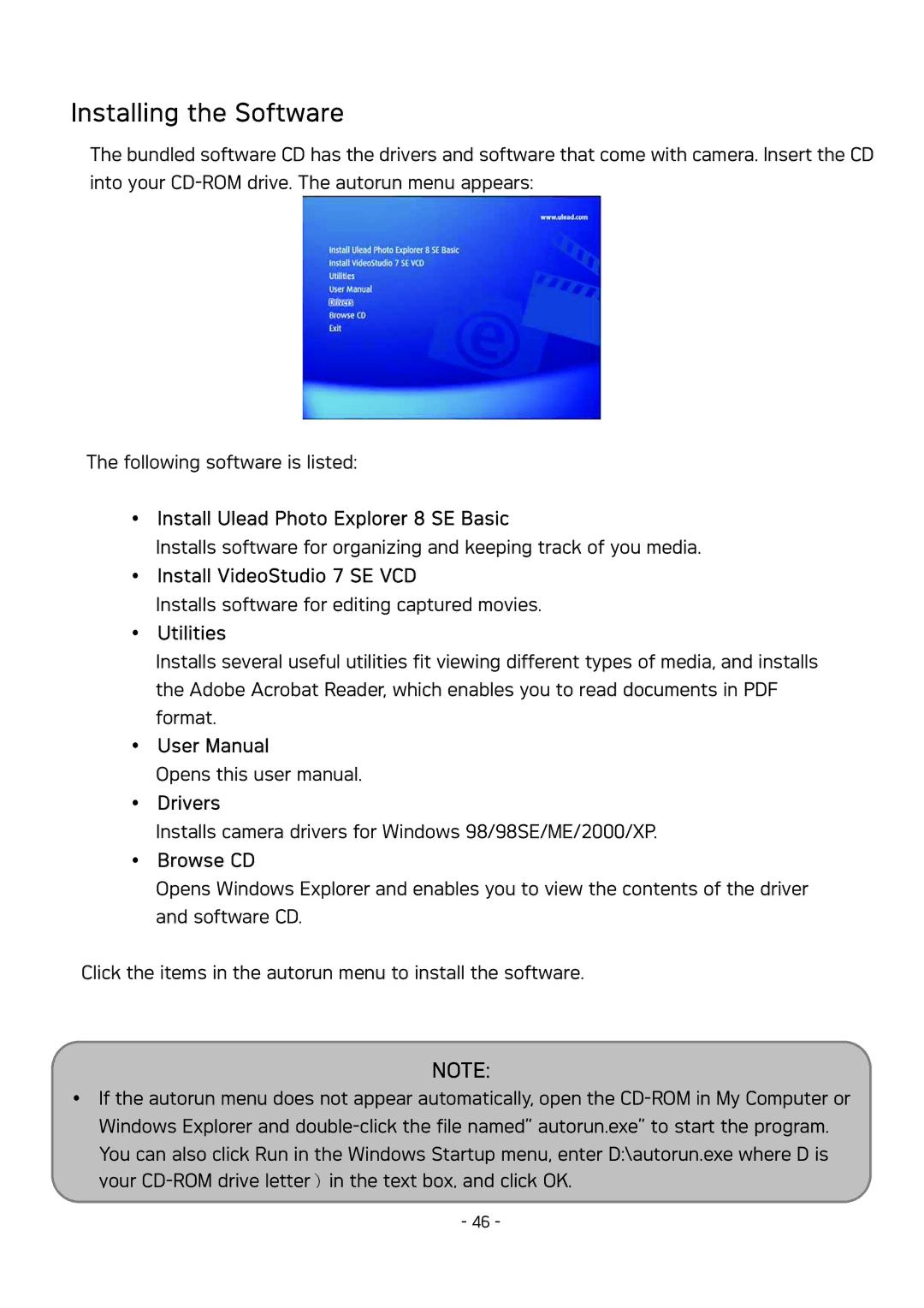 AGFA DC-533 Installing the Software, Install Ulead Photo Explorer 8 SE Basic, Install VideoStudio 7 SE VCD, Browse CD 