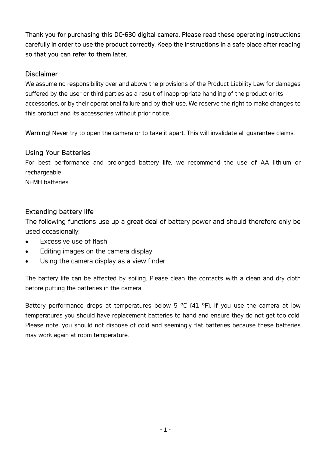 AGFA DC-630 user manual Disclaimer, Using Your Batteries, Extending battery life 