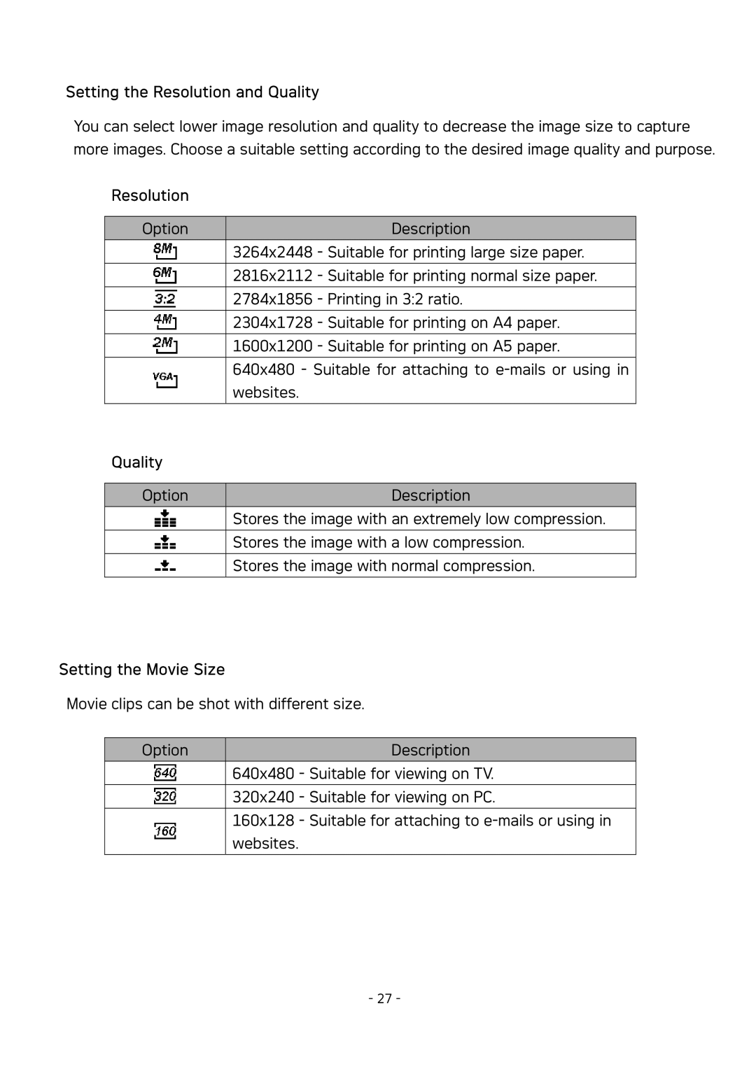 AGFA DC-630 user manual Setting the Resolution and Quality, Setting the Movie Size 