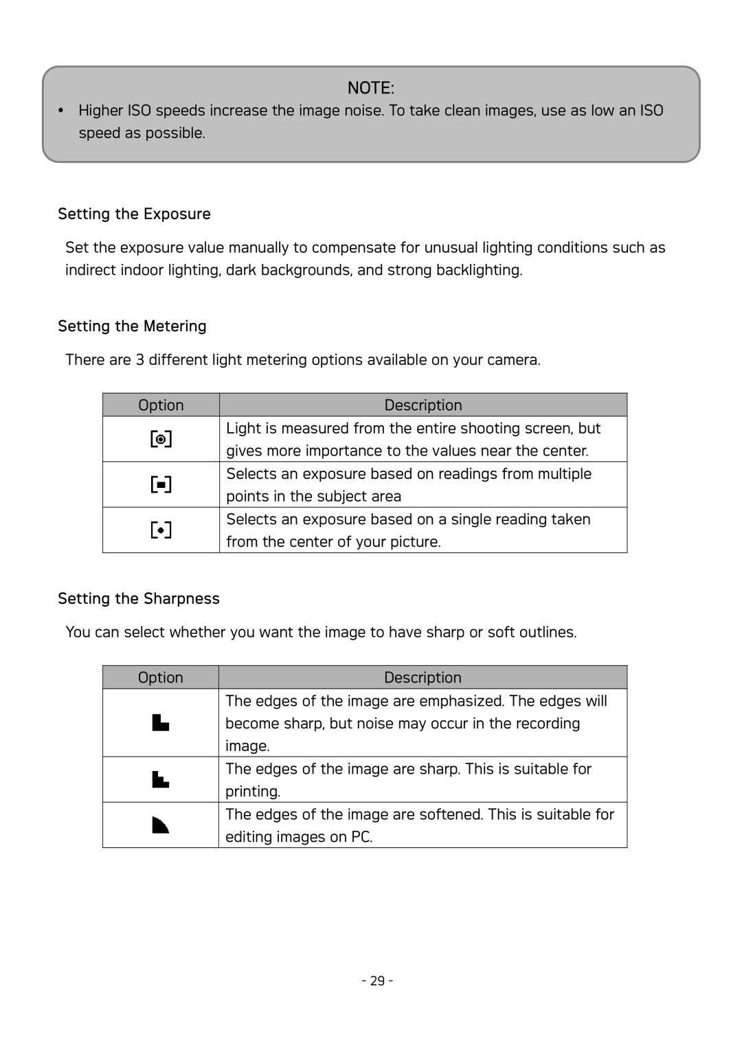 AGFA DC-630 user manual Setting the Exposure, Setting the Metering, Setting the Sharpness 