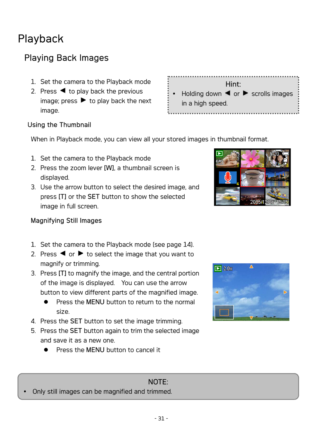 AGFA DC-630 user manual Playback, Playing Back Images, Using the Thumbnail, Magnifying Still Images 