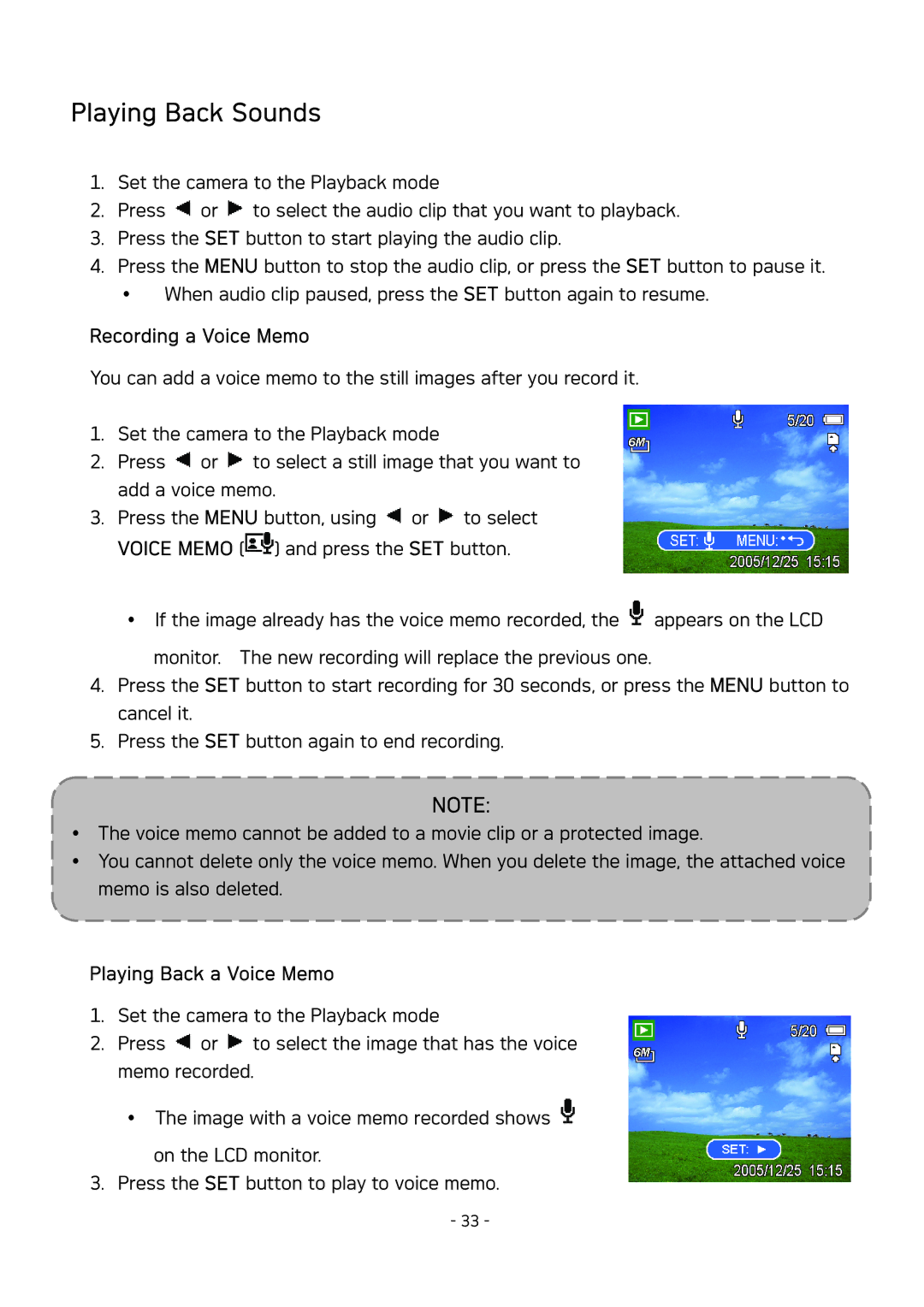 AGFA DC-630 user manual Playing Back Sounds, Recording a Voice Memo, Playing Back a Voice Memo 