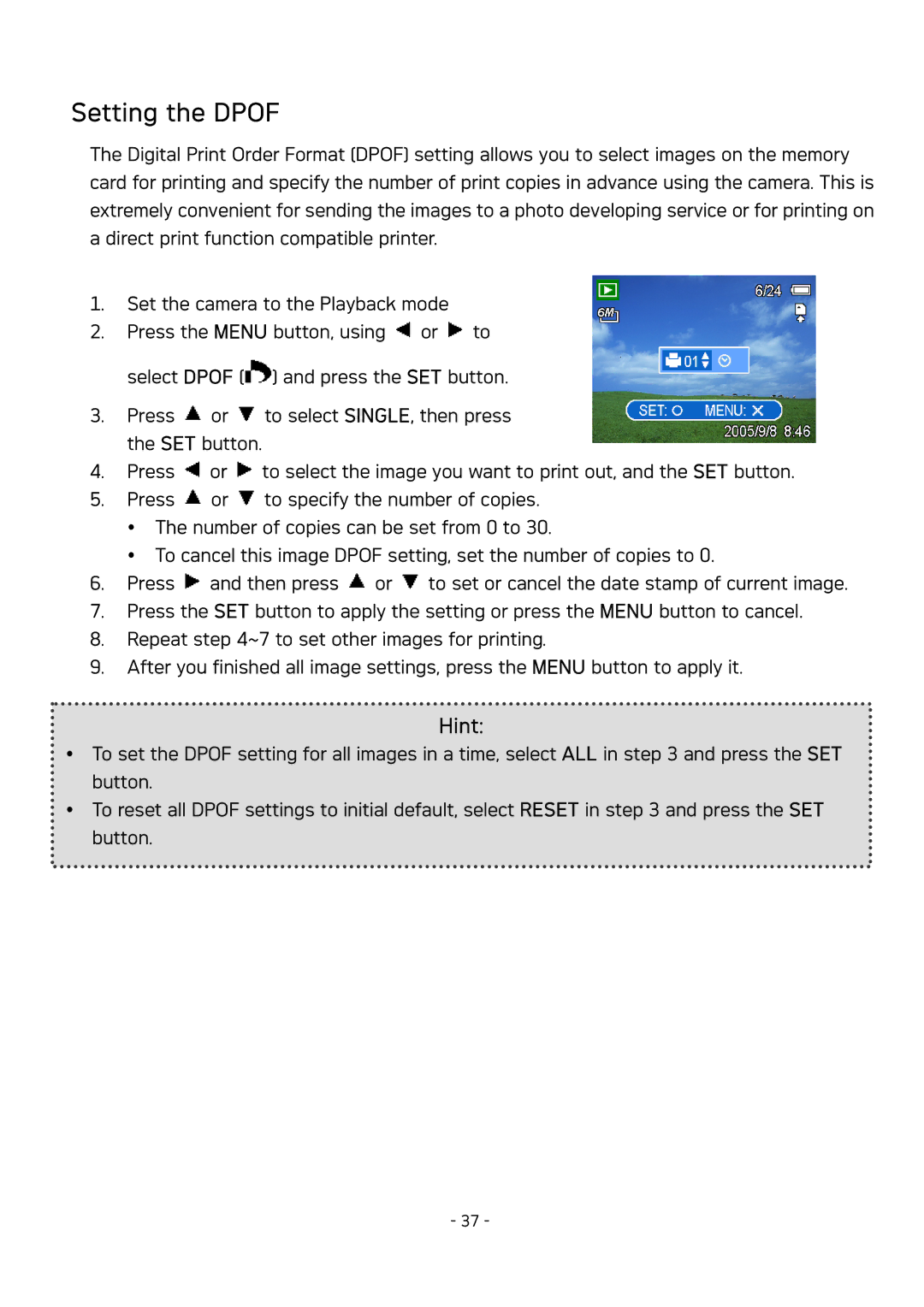 AGFA DC-630 user manual Setting the Dpof 