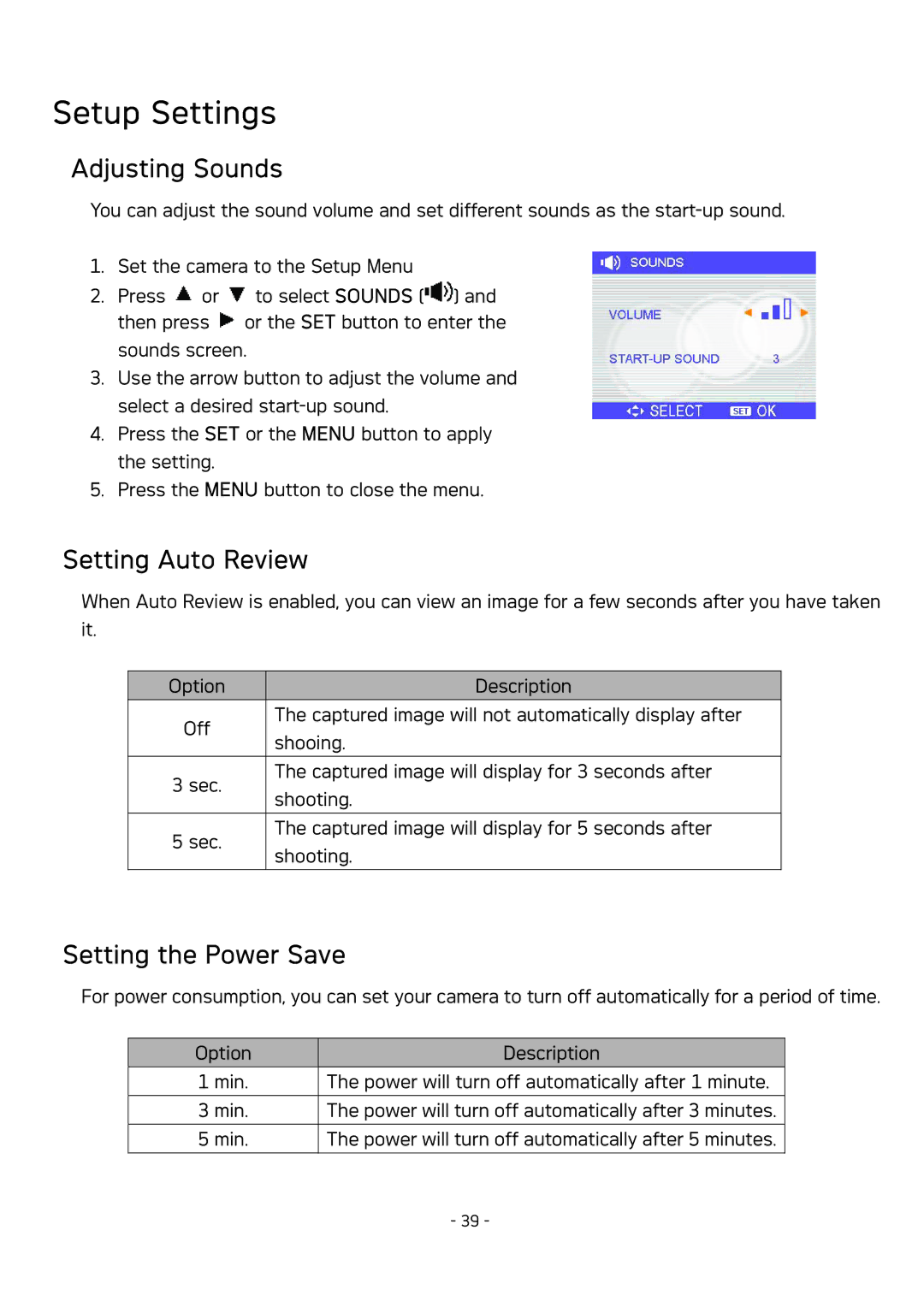 AGFA DC-630 user manual Setup Settings, Adjusting Sounds, Setting Auto Review, Setting the Power Save 