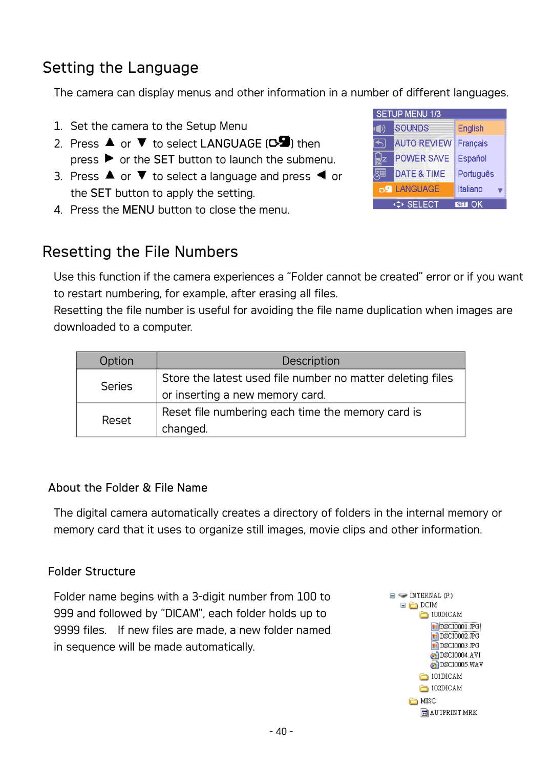 AGFA DC-630 user manual Setting the Language, Resetting the File Numbers, About the Folder & File Name, Folder Structure 