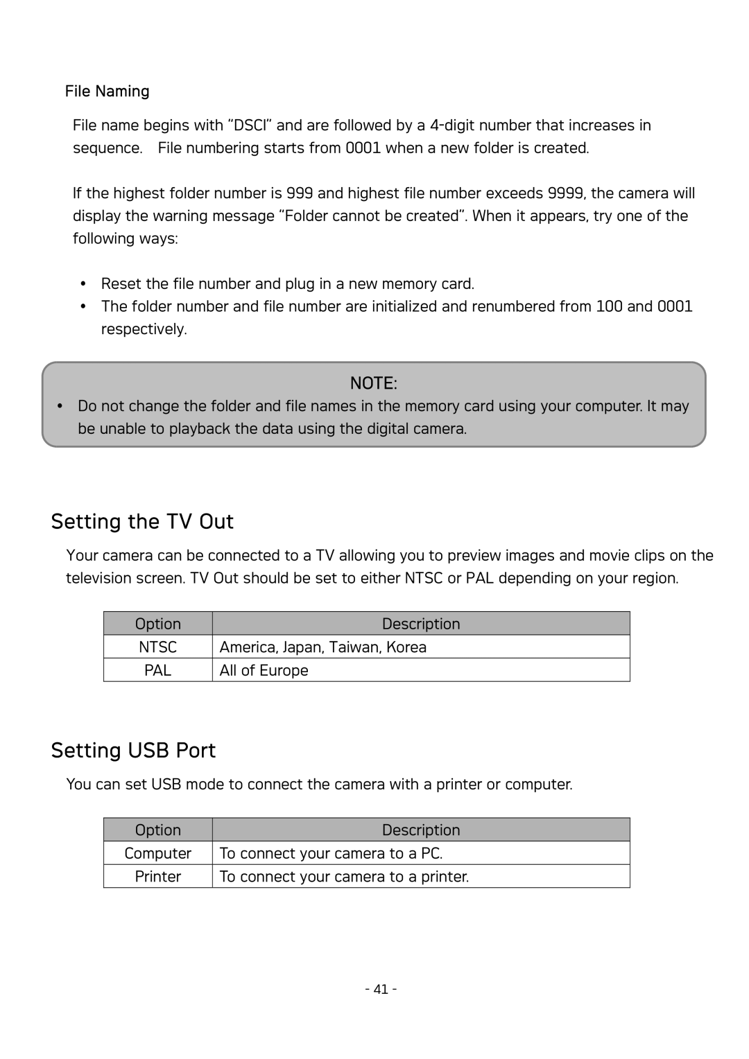 AGFA DC-630 user manual Setting the TV Out, Setting USB Port, File Naming 