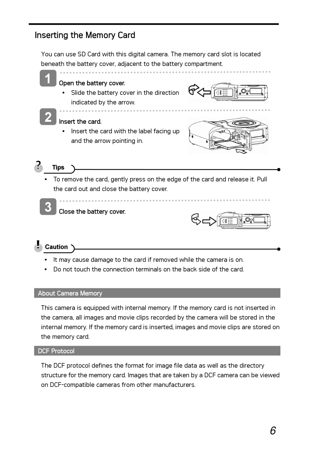 AGFA DC-630i manual Inserting the Memory Card, Insert the card, Tips, About Camera Memory, DCF Protocol 