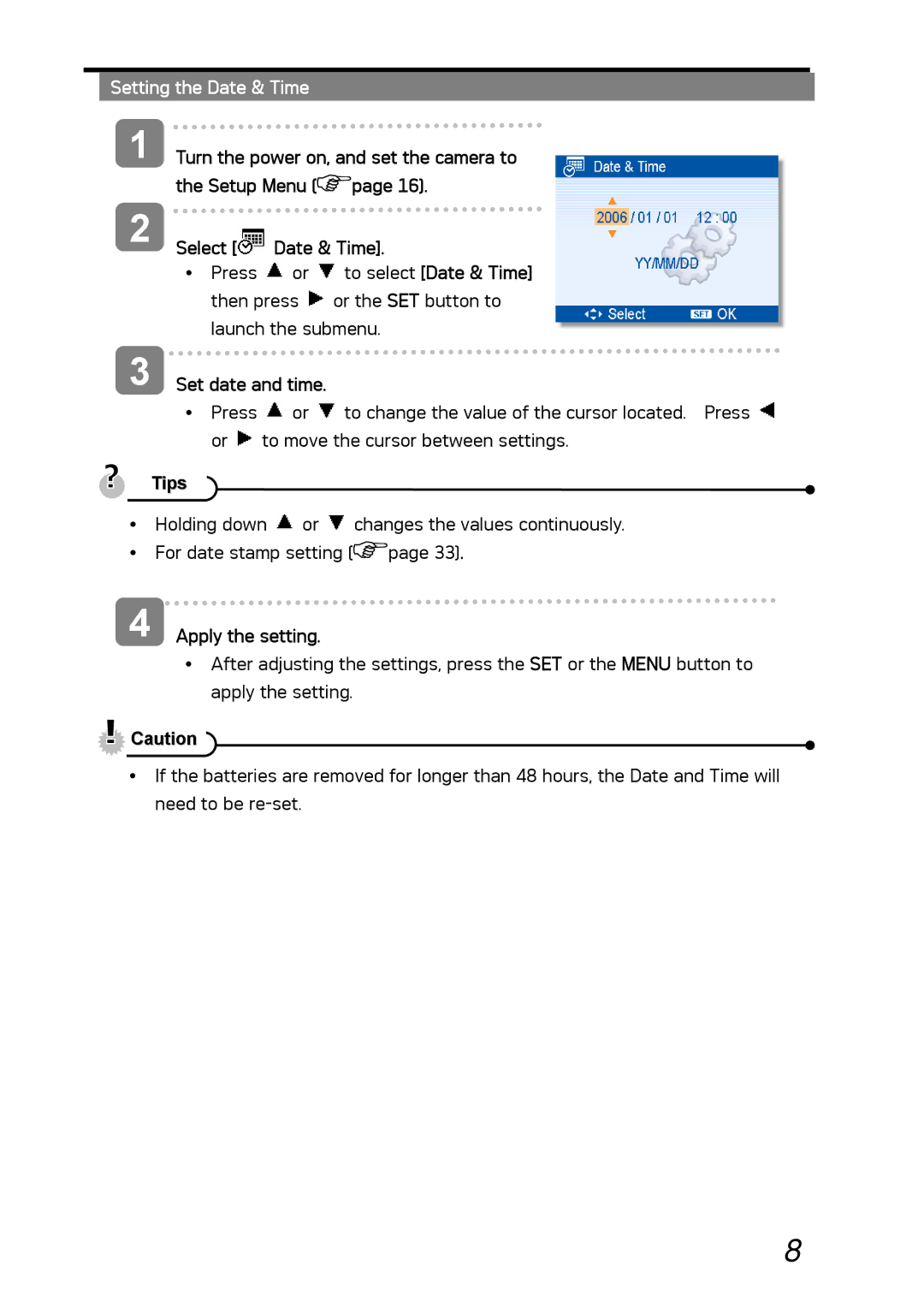 AGFA DC-630i manual Setting the Date & Time, Set date and time, Apply the setting 