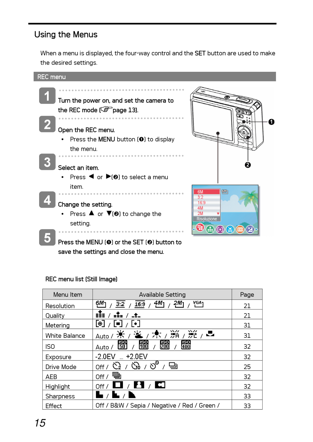 AGFA DC-630i manual Using the Menus, REC menu, Select an item, Change the setting 