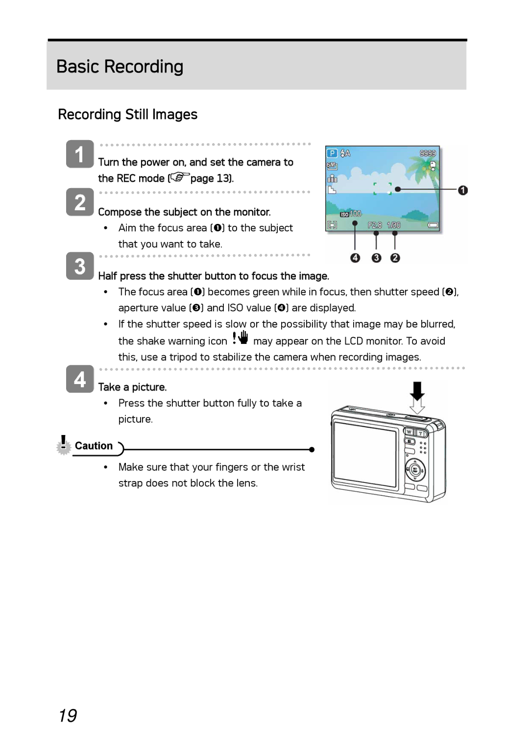 AGFA DC-630i Basic Recording, Recording Still Images, Half press the shutter button to focus the image, Take a picture 