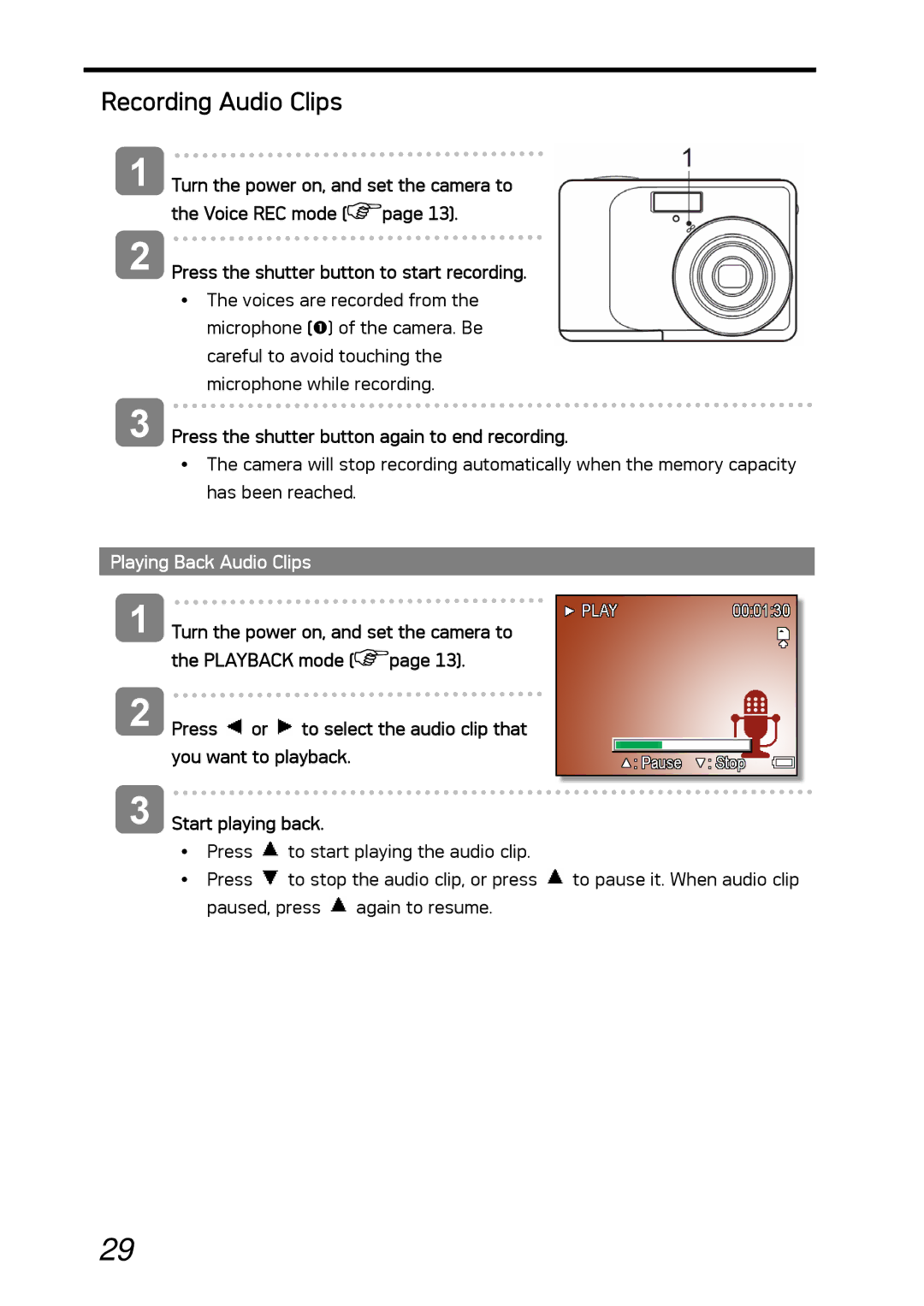 AGFA DC-630i manual Recording Audio Clips, Press the shutter button again to end recording, Playing Back Audio Clips 