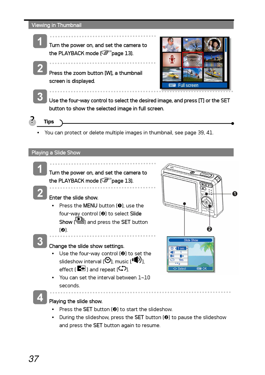 AGFA DC-630i manual Viewing in Thumbnail, Button to show the selected image in full screen, Playing a Slide Show 