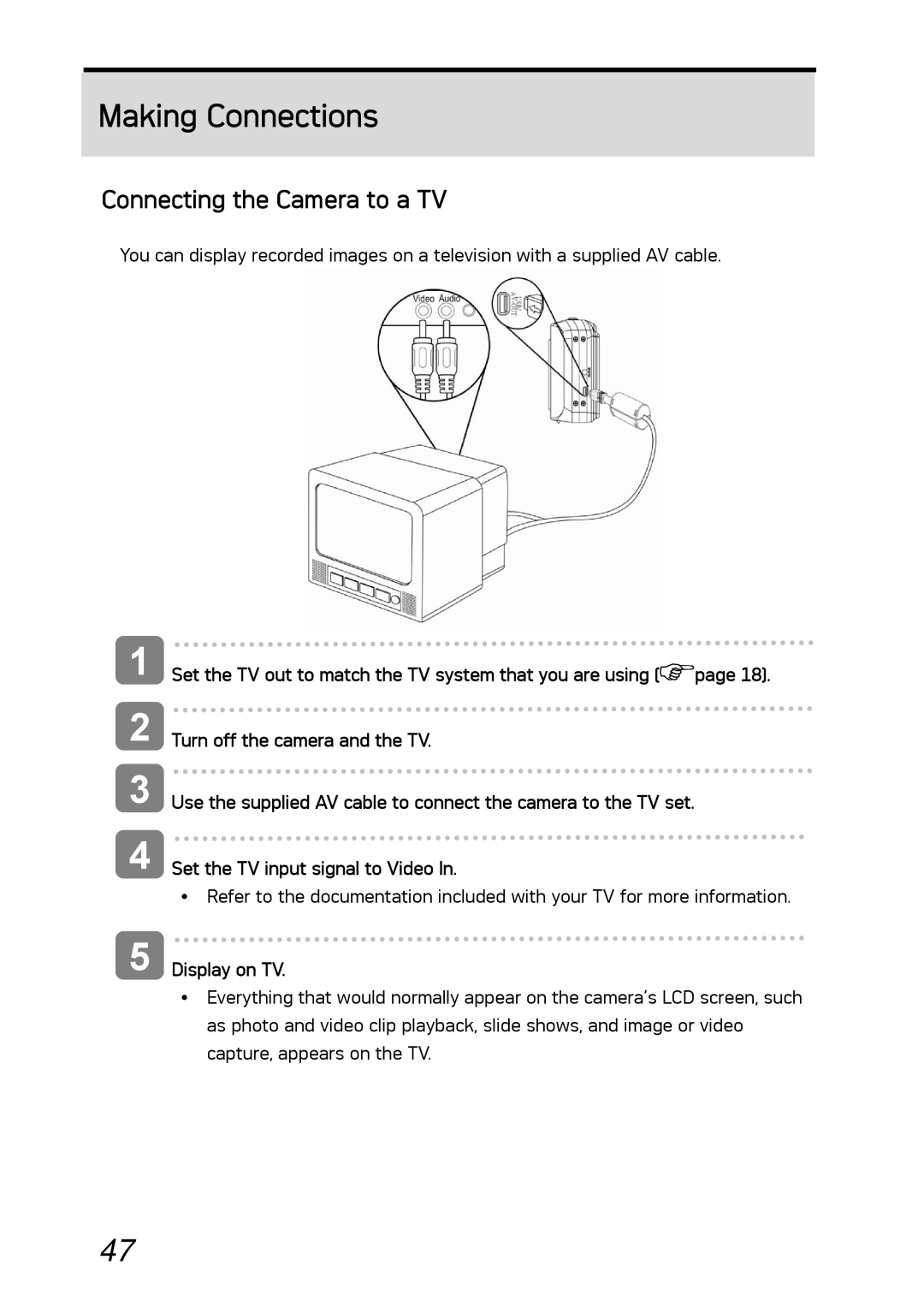 AGFA DC-630i manual Making Connections, Connecting the Camera to a TV, Display on TV 