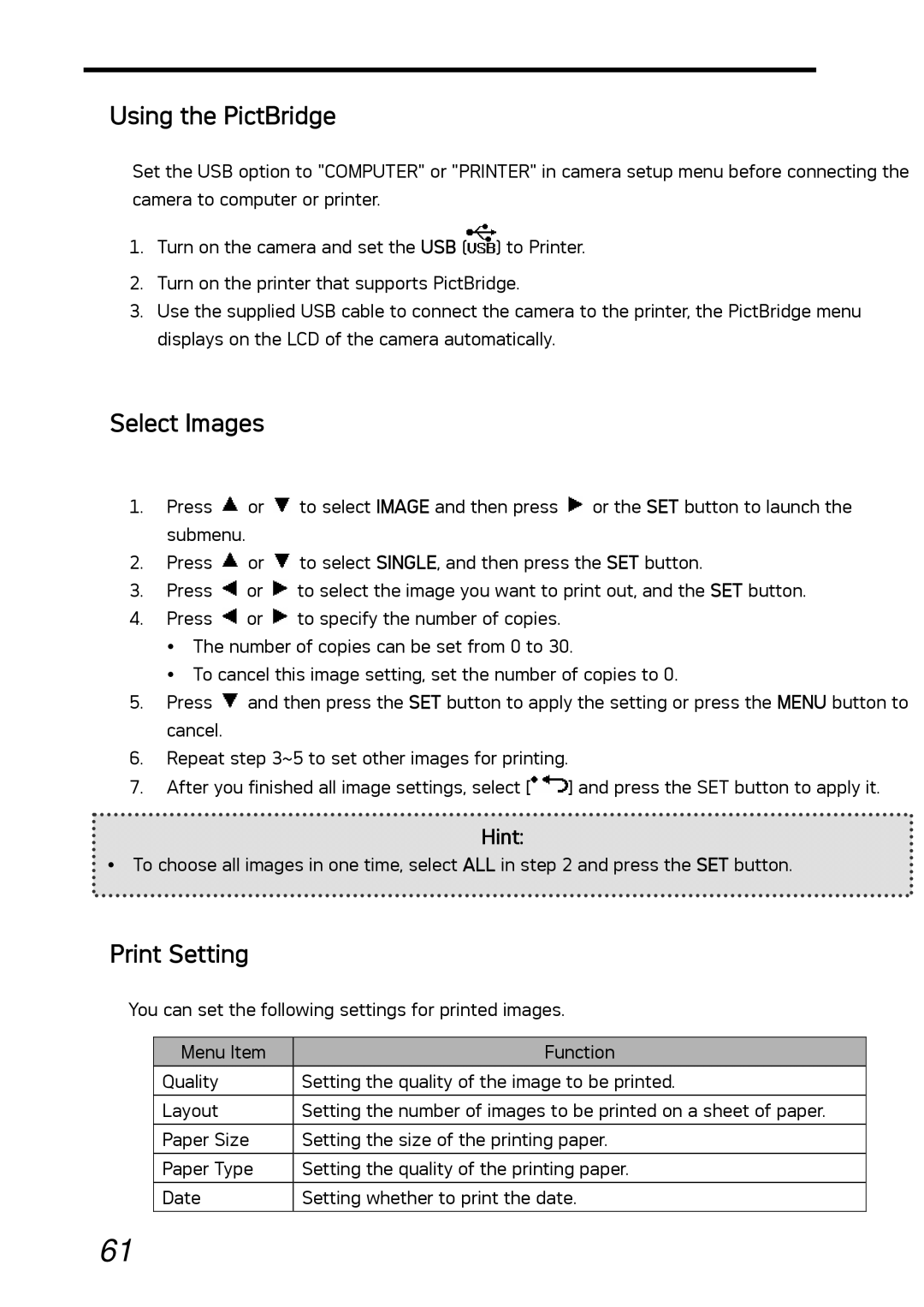 AGFA DC-630i manual Using the PictBridge, Select Images, Print Setting 