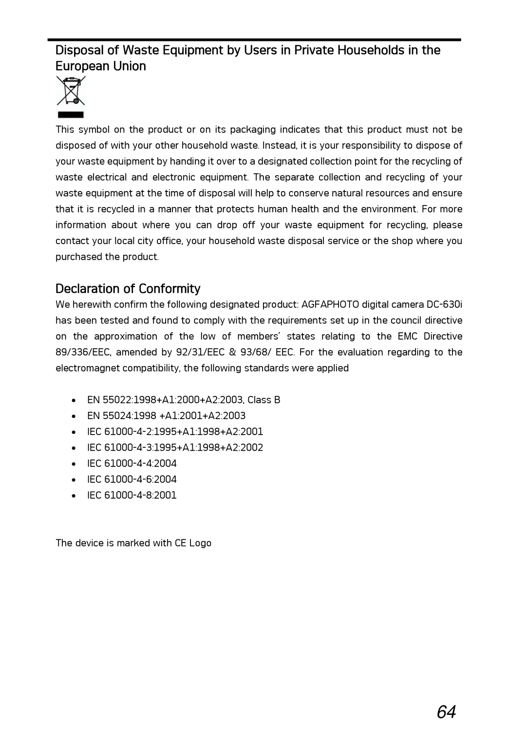 AGFA DC-630i manual Declaration of Conformity 