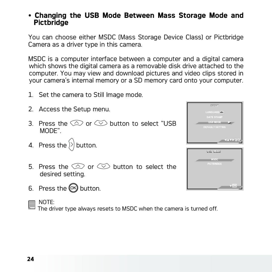 AGFA DC-630x user manual Setup Language Date Stamp USB Mode Default Setting Msdc 