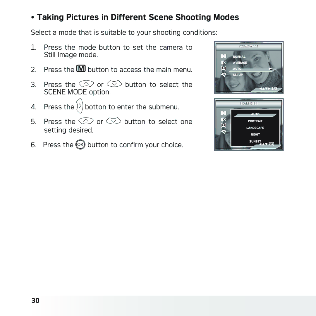 AGFA DC-630x user manual Taking Pictures in Different Scene Shooting Modes 