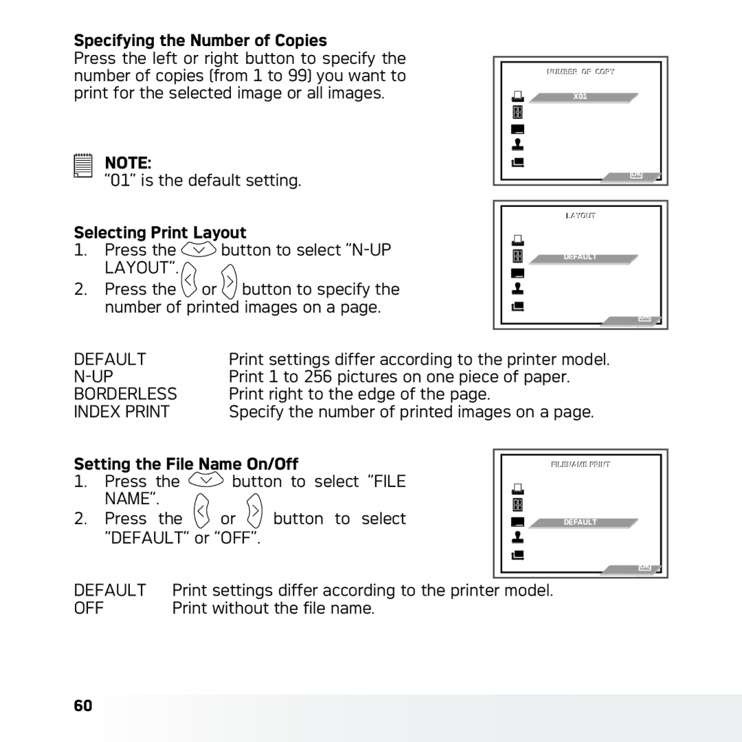 AGFA DC-630x user manual Specifying the Number of Copies, Selecting Print Layout, Setting the File Name On/Off 