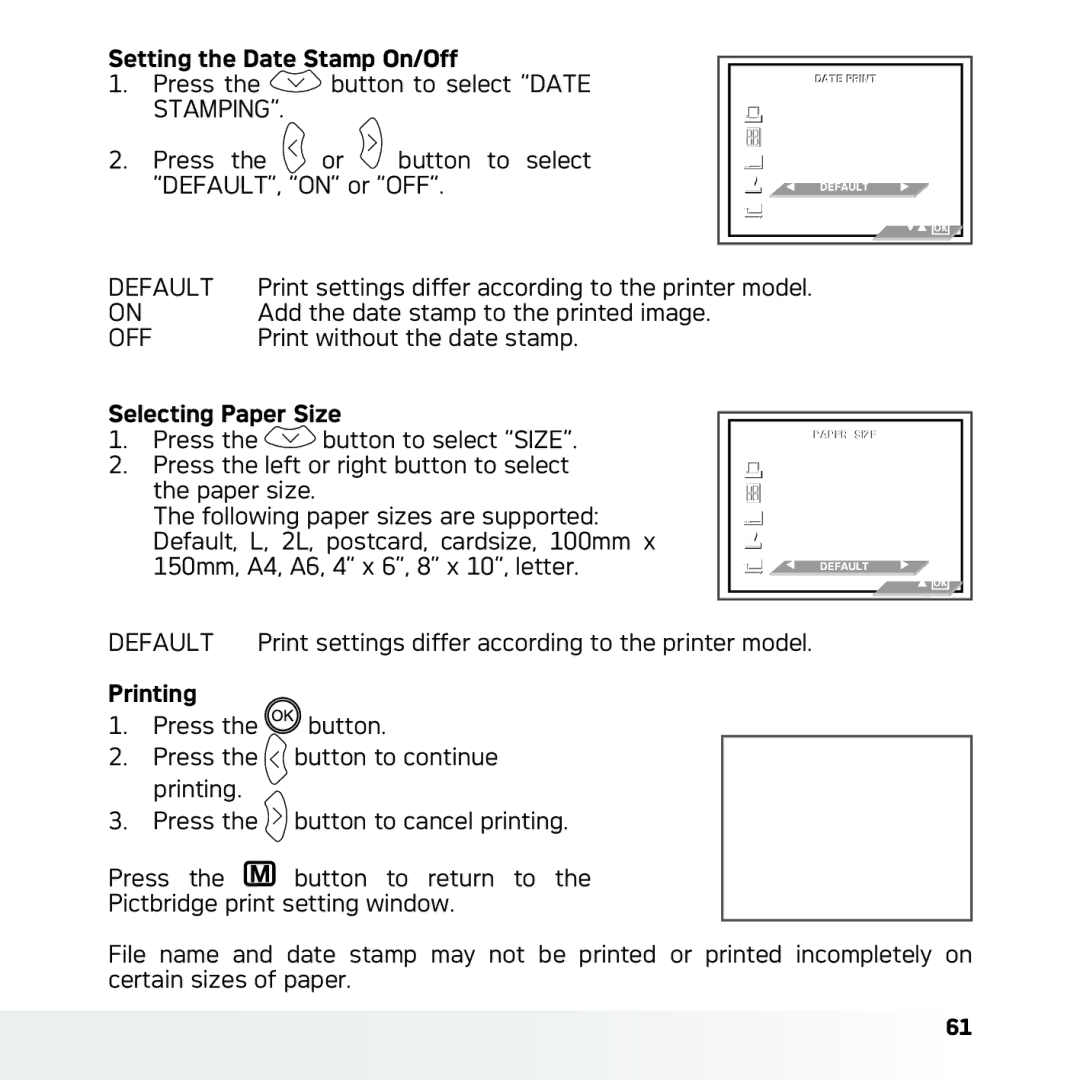 AGFA DC-630x user manual Setting the Date Stamp On/Off, Selecting Paper Size, Printing 