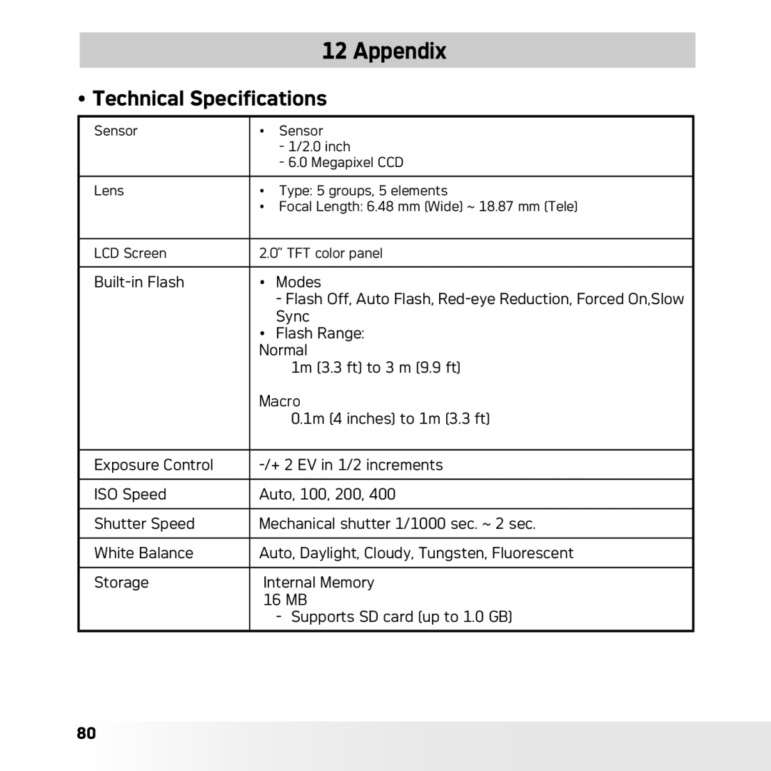 AGFA DC-630x user manual Appendix, Technical Specifications 