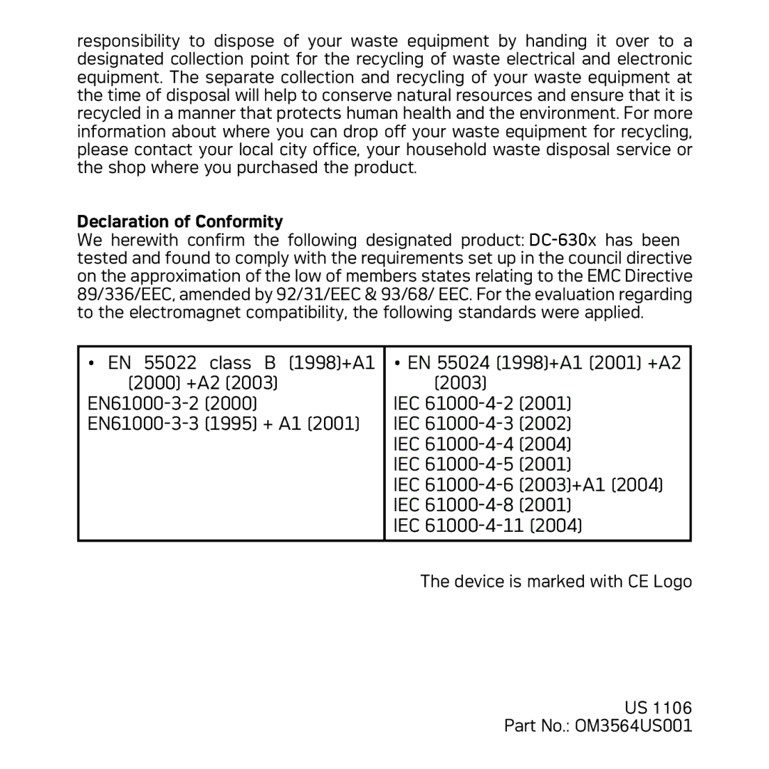 AGFA DC-630x user manual Declaration of Conformity, Part No. OM3564US001 