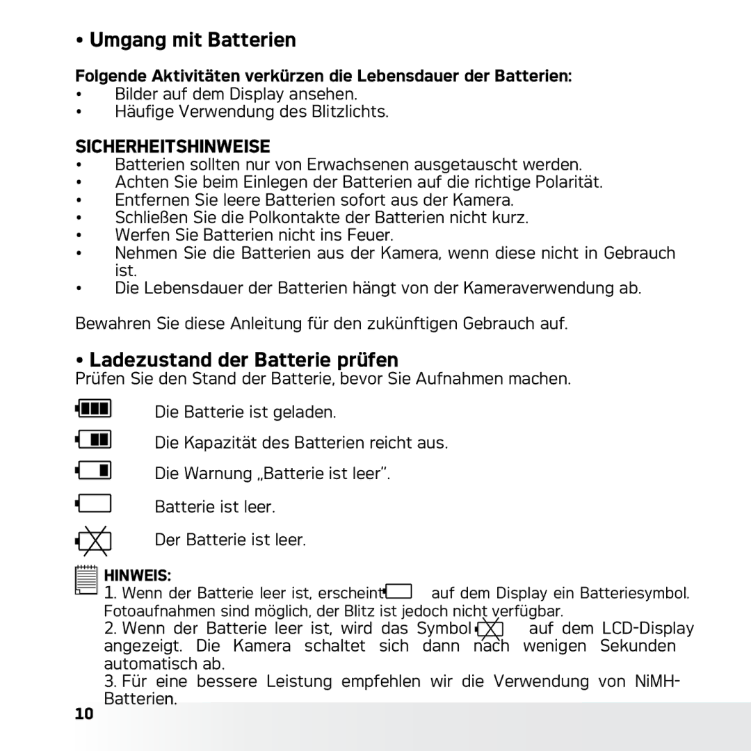 AGFA DC-633xs manual Umgang mit Batterien, Ladezustand der Batterie prüfen 