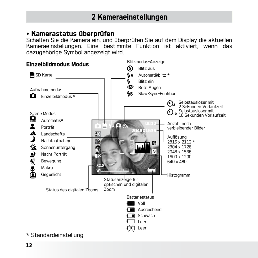 AGFA DC-633xs manual Kameraeinstellungen, Kamerastatus überprüfen, Standardeinstellung 