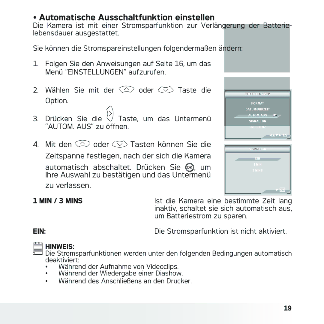 AGFA DC-633xs manual Automatische Ausschaltfunktion einstellen, MIN / 3 Mins 