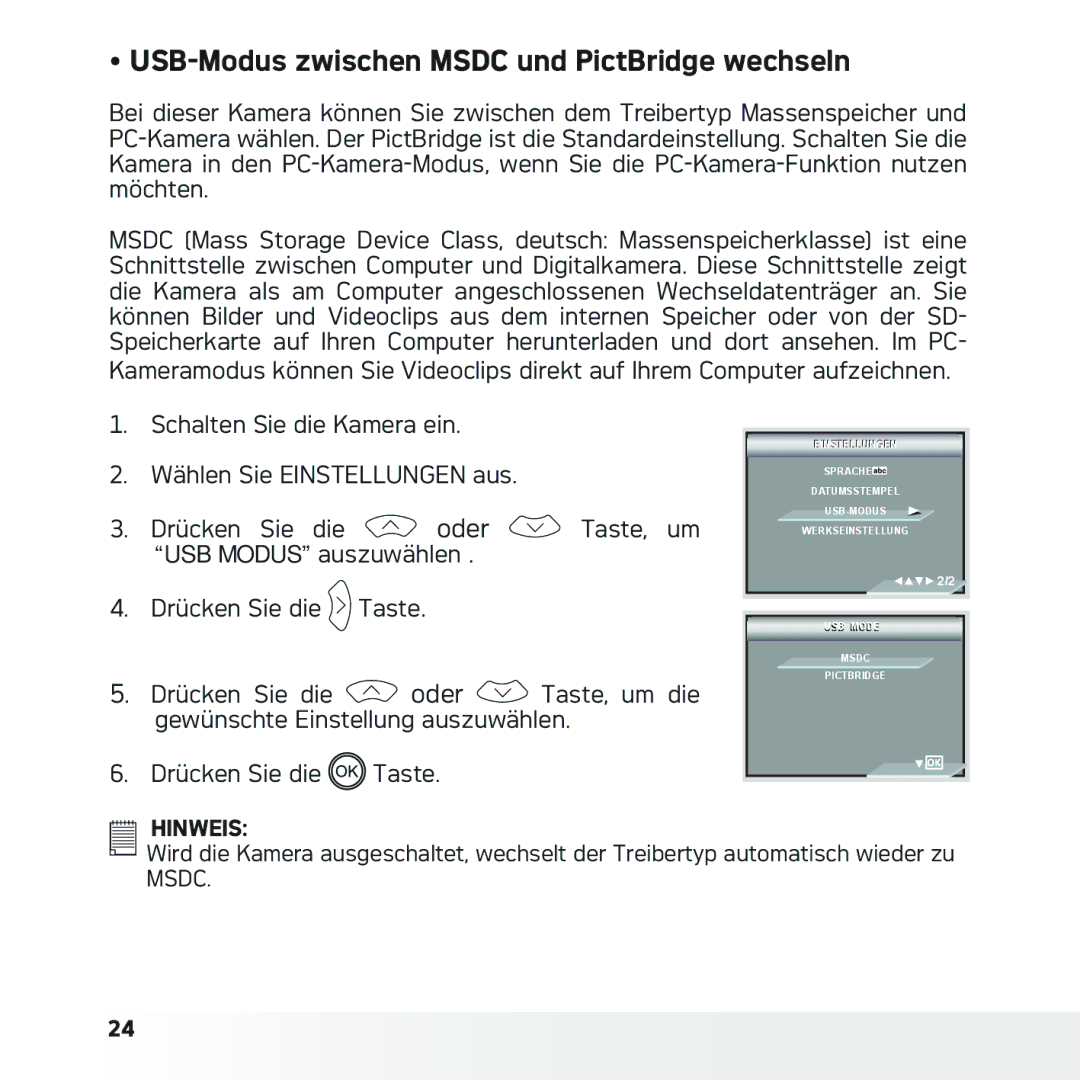 AGFA DC-633xs manual USB-Modus zwischen Msdc und PictBridge wechseln 