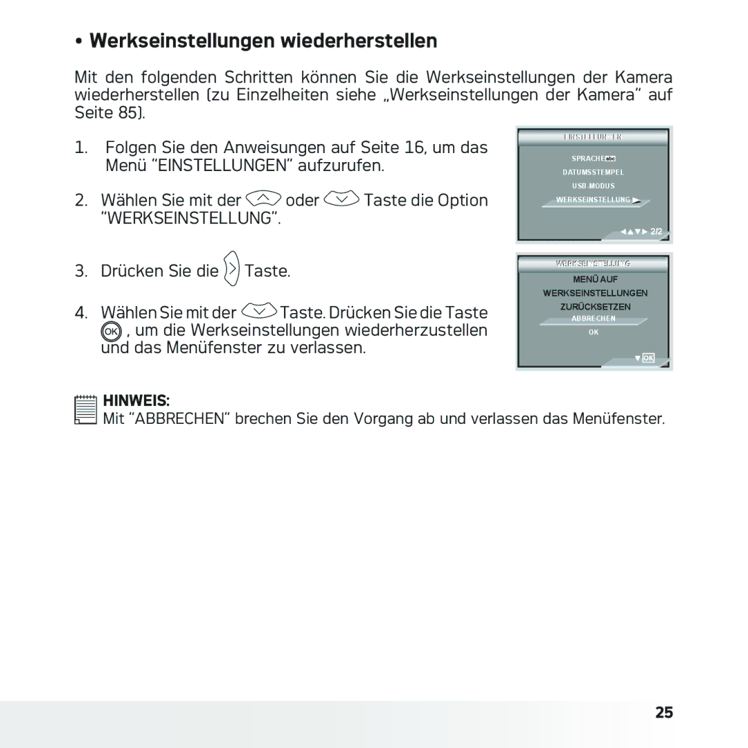 AGFA DC-633xs manual Werkseinstellungen wiederherstellen 