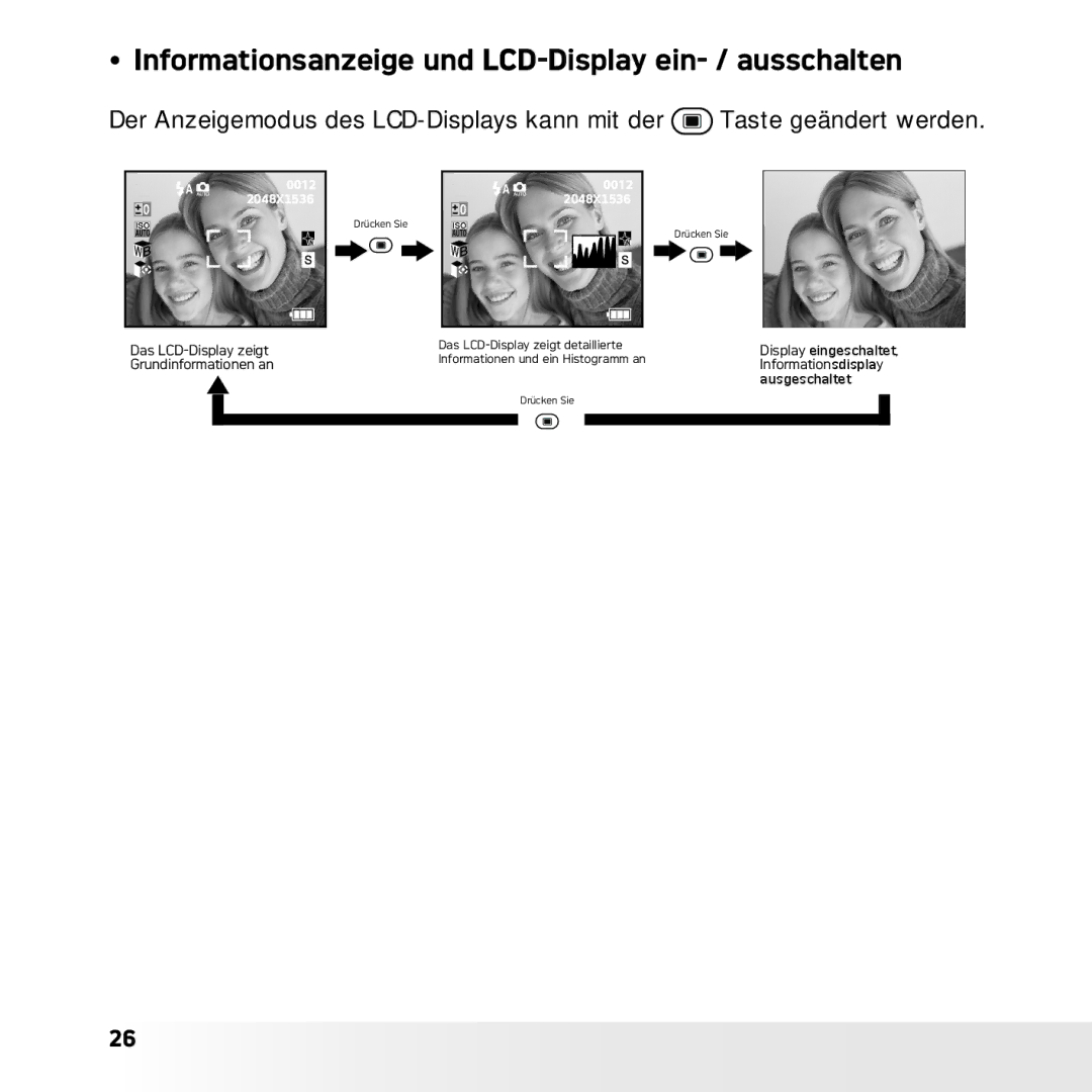 AGFA DC-633xs manual Informationsanzeige und LCD-Display ein- / ausschalten 