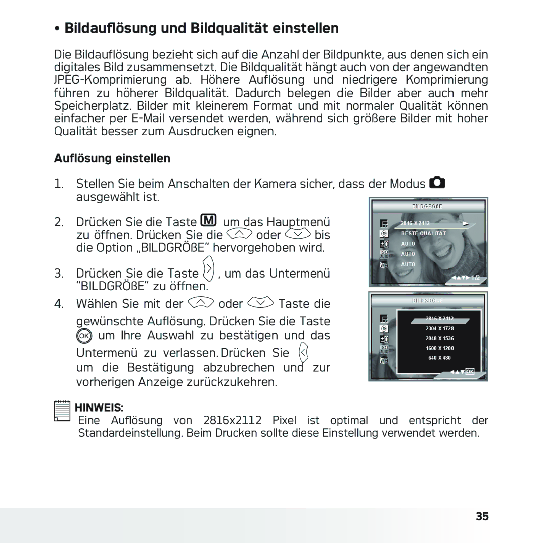 AGFA DC-633xs Bildauflösung und Bildqualität einstellen, Auflösung einstellen, Drücken Sie die Taste um das Hauptmenü 