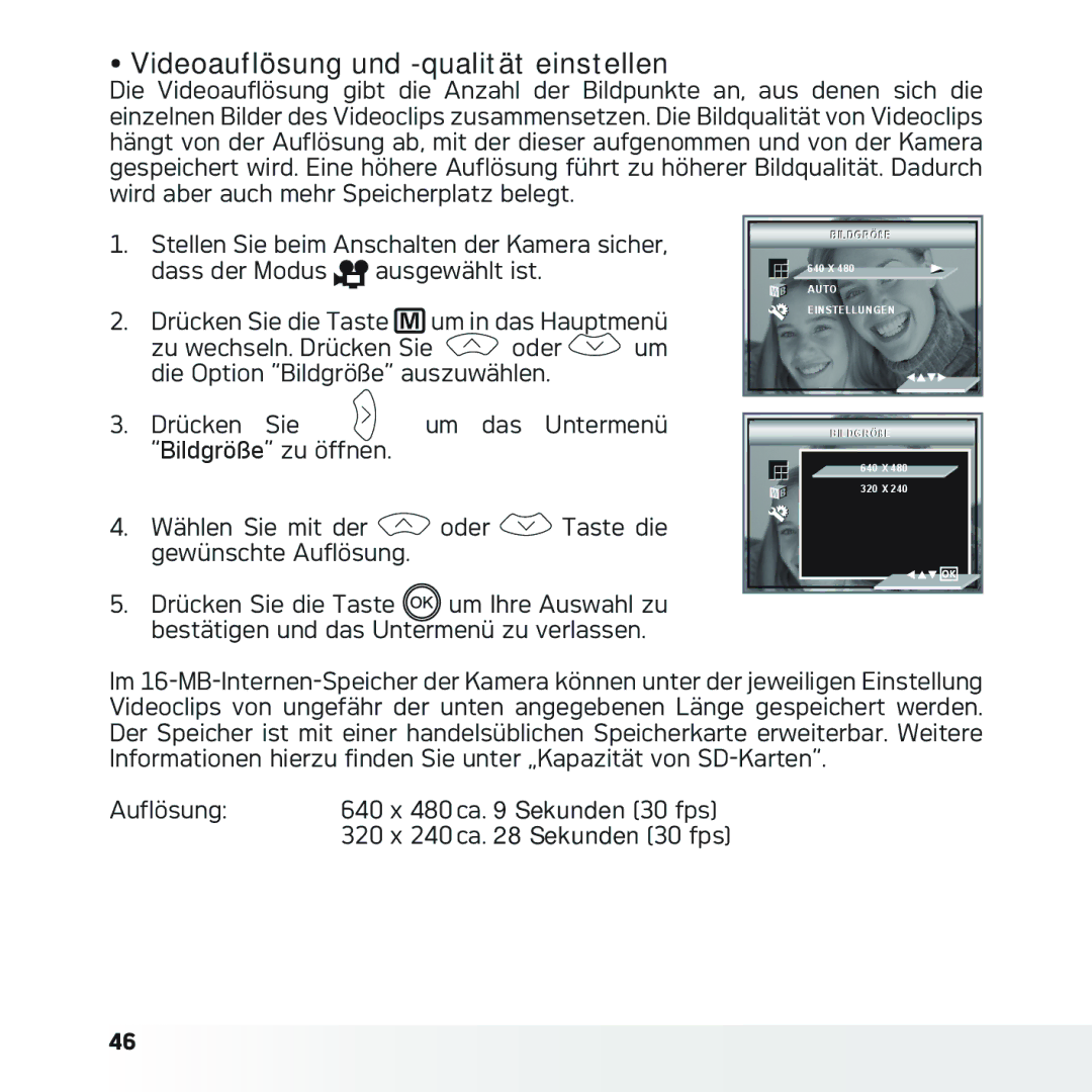 AGFA DC-633xs manual Videoauflösung und -qualität einstellen, Auflösung 640 x 480 ca Sekunden 30 fps 