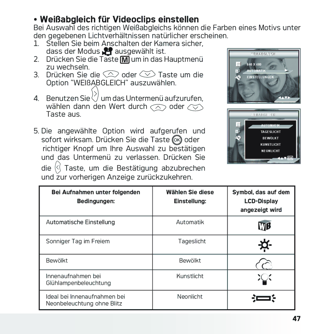 AGFA DC-633xs manual Weißabgleich für Videoclips einstellen, Drücken Sie die Oder Taste um die 