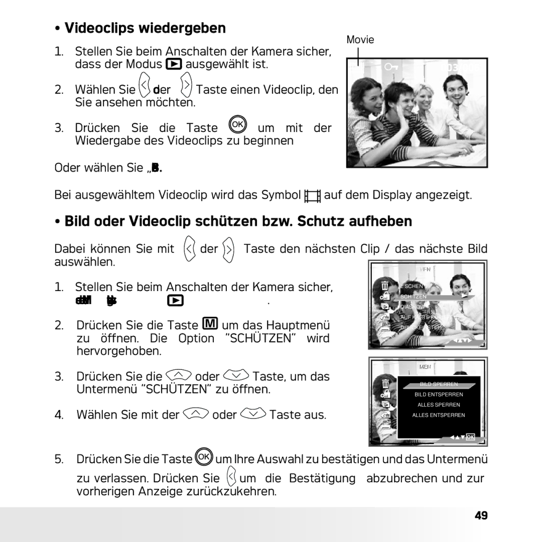 AGFA DC-633xs manual Videoclips wiedergeben, Bild oder Videoclip schützen bzw. Schutz aufheben 