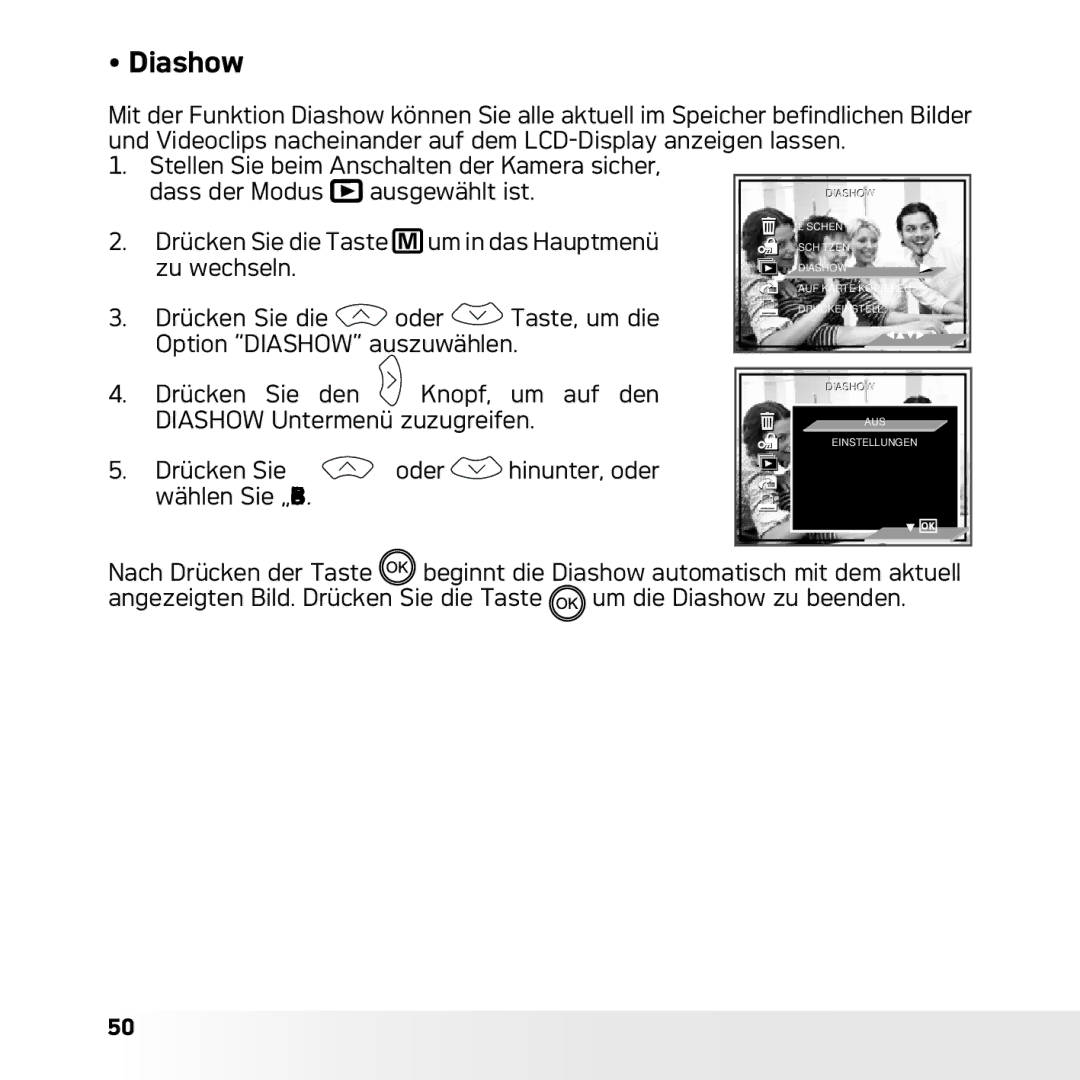 AGFA DC-633xs manual Drücken Sie die Oder Taste, um die, Option Diashow auszuwählen Drücken Sie den Knopf Auf 