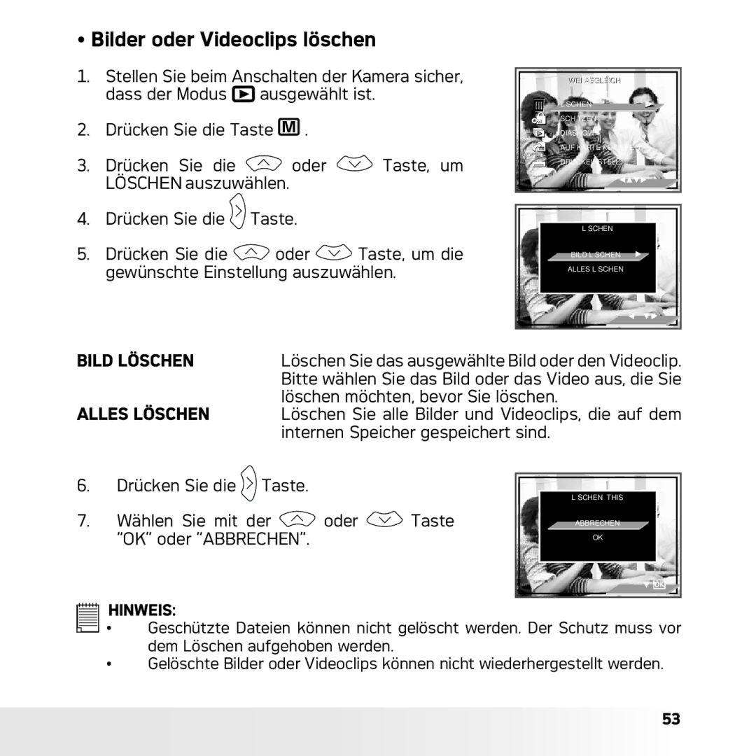 AGFA DC-633xs manual Bilder oder Videoclips löschen, Löschen möchten, bevor Sie löschen, Internen Speicher gespeichert sind 