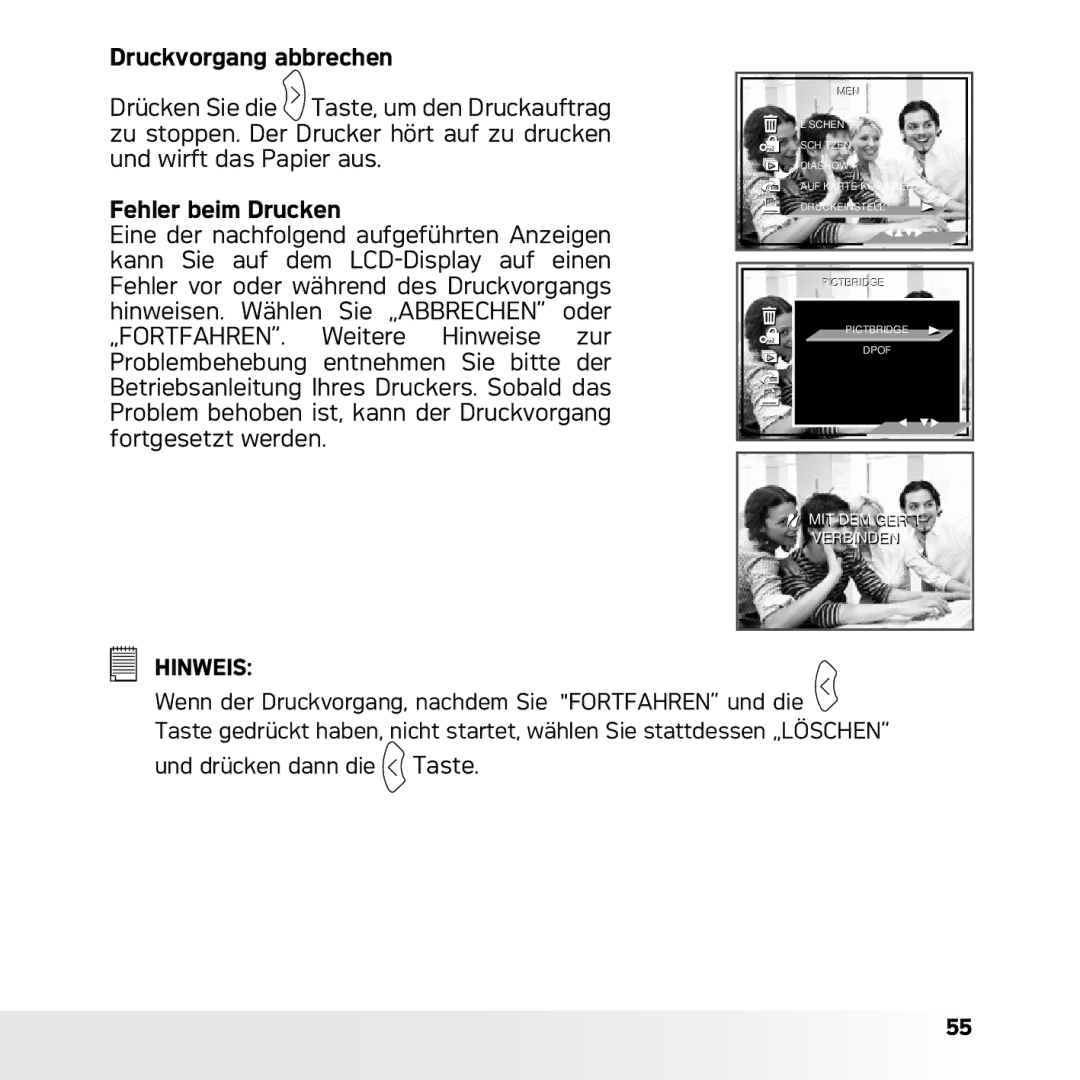 AGFA DC-633xs manual Druckvorgang abbrechen, Fehler beim Drucken 