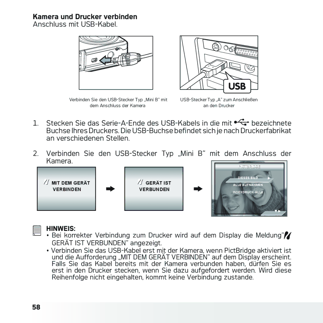 AGFA DC-633xs manual Kamera und Drucker verbinden, Anschluss mit USB-Kabel 