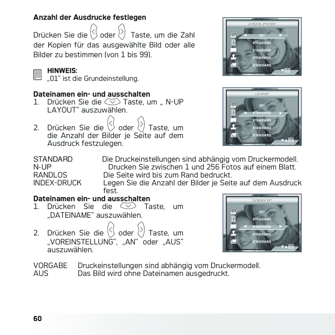 AGFA DC-633xs manual Anzahl der Ausdrucke festlegen, Dateinamen ein- und ausschalten 